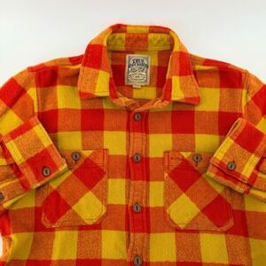 True Religion Plaid Flannel Button Down Shirt Orange Yellow Check Small Layering